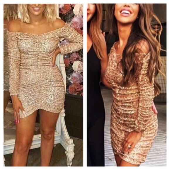 Zara Rose Gold Sequin Long Sleeve Ruched Mini Dress Small Cocktail Off Shoulder - Picture 12 of 16